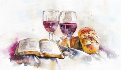 Watercolor Illustration of the wine and bread on an altar with a bible open in front Generative AI