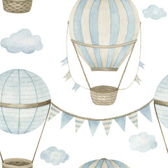 Watercolor baby seamless pattern with hot air balloon,  stars and kite. Hand drawn cute  illustration on white background