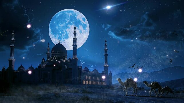 A beautiful full moon night at the mosque coincided with the arrival of the camels. seamless looping time-lapse virtual 4k video Animation Background.