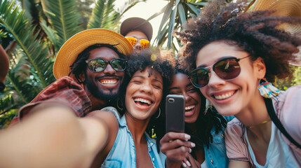 a multi-racial group of friends gather closely, grinning at their phones for a selfie, capturing their diverse unity in a single snapshot. - obrazy, fototapety, plakaty