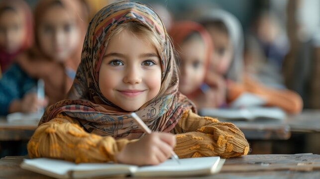 A young child with a hijab, smiling, sitting at a desk during a classroom event