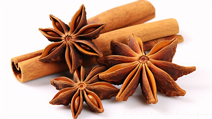 Cinnamon sticks and anise star isolated on a white background. Spices. Macro.