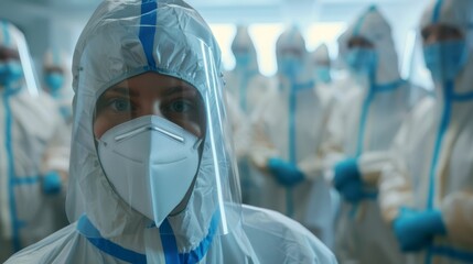 female doctor in a biological protection suit. Pandemic, infection, bacteriological threat. - obrazy, fototapety, plakaty