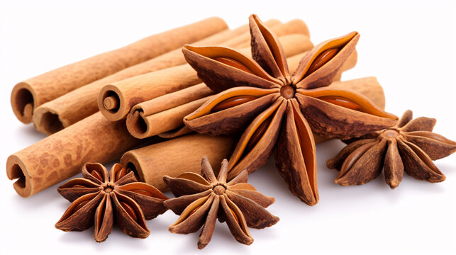 Cinnamon sticks and anise star isolated on a white background. Spices. Macro.