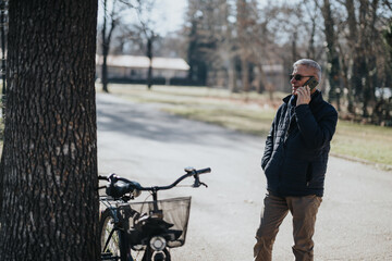 Mature man in casual wear talking on a cell phone in a park with his bicycle.