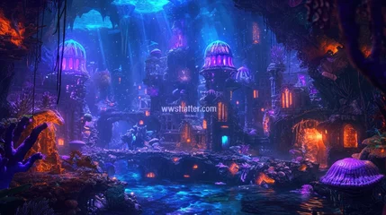 Photo sur Plexiglas Bleu foncé An underwater city with bioluminescent coral, schools of colorful fish, and ancient ruins, all illuminated by the eerie glow of an underwater volcano. Resplendent.