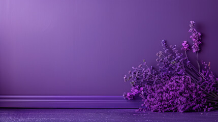  Blossoming purple  flowers in front of dark  purple wall, minimalistic design.. Love celebration,...