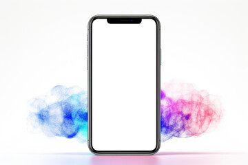 An engaging smartphone mockup featuring a sleek design with a blank screen, adorned by a captivating colorful smoke effect on a white background