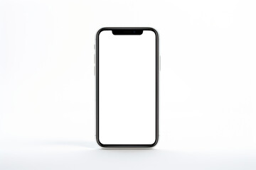 Modern smartphone mockup with a blank screen, featuring slim bezels and a notch, presented on a clean white background - obrazy, fototapety, plakaty
