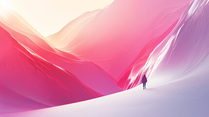 A lone figure in red walks amidst surreal, pink and white snowy mountains