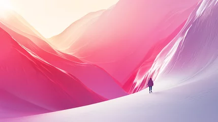 Foto auf Leinwand A lone figure in red walks amidst surreal, pink and white snowy mountains © RuslanWowAI