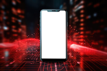 Smartphone mockup with a blank screen, set against a dynamic cybersecurity themed digital background with vibrant red and black tones