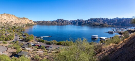 Saguaro Lake Boat Launch Marina and Picnic Area Viewpoint.  Scenic Sonoran Desert Panoramic Landscape east of Apache Trail Junction, Superstition Mountains Wilderness Arizona US