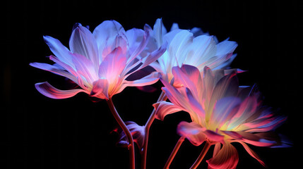 Neon Flowers light drawing. Artistic, dramatic, flair lines on black background