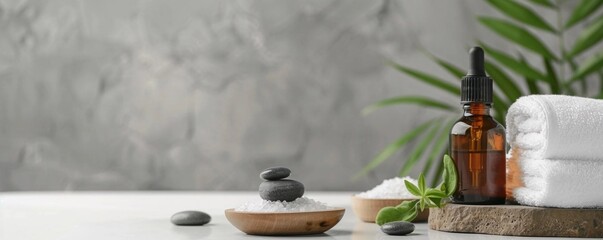 Banner for commerce with essential oil bottle on gray background surrounded by flowers and leaves, stones in minimalist style. Bottle with dropper. Beauty Concept. Cover, massage parlor certificate. 