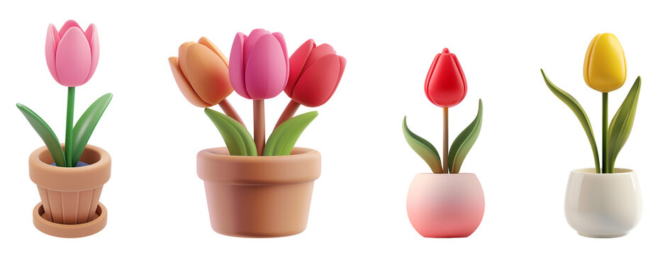 Spring and Summer Set of Colorful Tulip Flowers in Pot: A Simple 3D Cartoon Illustration, Isolated on Transparent Background, PNG