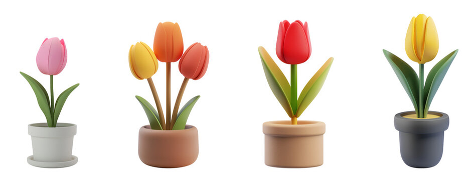 Spring and Summer Flower: A Simple 3D Cartoon Illustration of a Set of Colorful Tulip Flowers in Pot, Isolated on Transparent Background, PNG