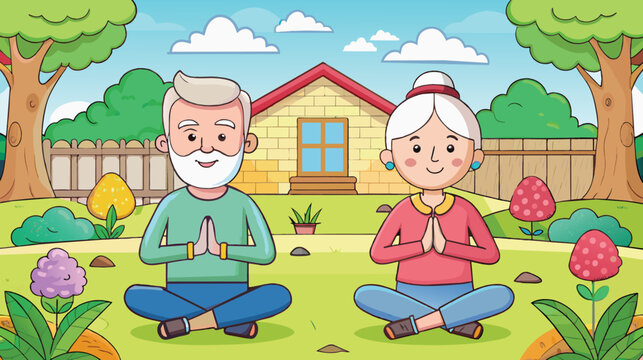 Serene Elderly Couple Practicing Yoga in Backyard