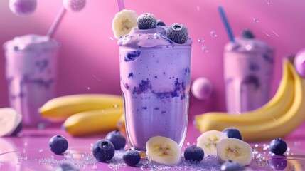 Obraz na płótnie Canvas A vibrant blueberry milkshake adorned with slices of bananas and scattered blueberries