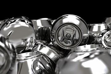Close-up array of chrome aluminum cans, each reflecting light and shadow, creating a stunning, high contrast metallic tableau
