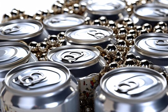 Close-up aluminum beverage cans surrounded by reflective silver spheres on a sleek background