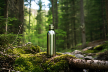 Positioned on a moss covered log, this stainless steel thermos in dense forest, embodying the spirit of outdoor adventures