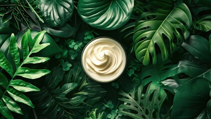 The allure of self-care and skin care products is portrayed in a top-down close-up view, featuring a round container of white cream against a lush green leaf background. - obrazy, fototapety, plakaty
