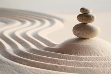Tuinposter Zen garden with sand and stacked stones - AI Generated © mbruxelle