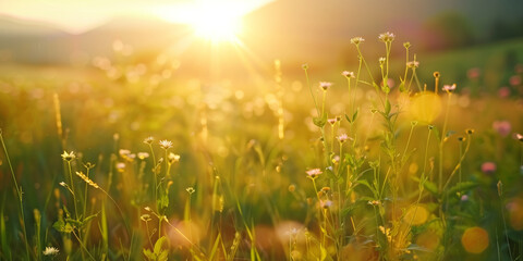 Meadow landscape with herbs close ups at sunrise - AI Generated
