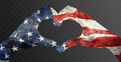 Man hands painted as the american flag forming a heart.