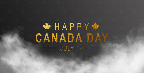 Golden Happy 1th of July Canada Day greeting card. Hand writing lettering text with Maple leaf for festive poster or banner. Vector Illustration.  - obrazy, fototapety, plakaty