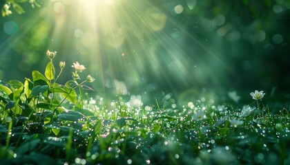 Delicate flower buds glisten under the caress of sun rays, showcasing nature's gentle wake in a dewy meadow. - obrazy, fototapety, plakaty