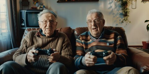 two happy old men playing a video game Generative AI