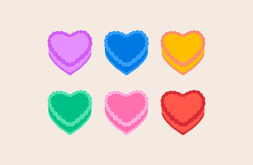 Set of cute colorful heart shaped cakes. Vector flat illustration. Kid core aesthetic