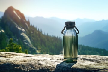 Water bottle sits atop a rock, overlooking breathtaking mountain views, embodying the essence of outdoor exploration and adventure - obrazy, fototapety, plakaty