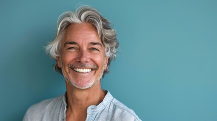 A middle-aged man with gray hair on a blue background with a pleasant smile. Health and beauty, healthy teeth.