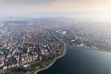 Historical Moda Pier. Moda neighbourhood of Kadikoy, Istanbul, Turkey. Beautiful aerial view. Drone shot. - 755916857