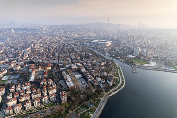 Historical Moda Pier. Moda neighbourhood of Kadikoy, Istanbul, Turkey. Beautiful aerial view. Drone shot. - 755916862