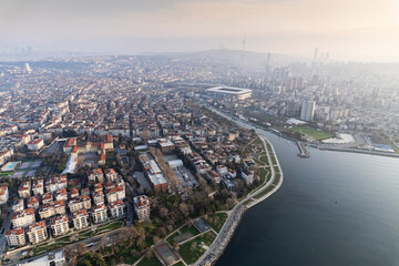 Historical Moda Pier. Moda neighbourhood of Kadikoy, Istanbul, Turkey. Beautiful aerial view. Drone shot. - 755916869