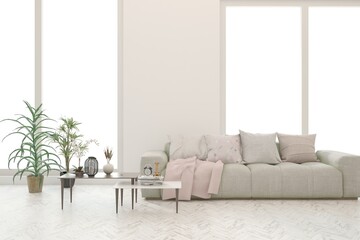 Fototapeta premium White living room with sofa. Scandinavian interior design. 3D illustration
