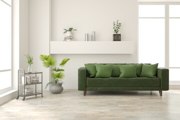 White living room with sofa. Scandinavian interior design. 3D illustration