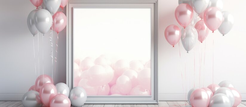 Vertical poster mockup with silver balloons in an interior setting and clipping path around the poster.