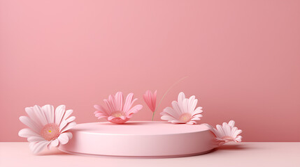 Fototapeta na wymiar Product podium stage with spring branch of blossom tree on pastel pink color background, mock up for product presentation