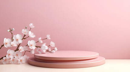 Obraz na płótnie Canvas Product podium stage with spring branch of blossom tree on pastel pink color background, mock up for product presentation