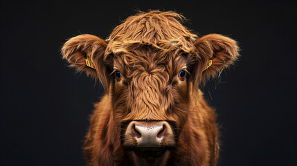 Brown hairy Highland cow front view portrait