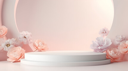 Product podium stage with spring pink peonies on pastel colors background, mock up for product presentation