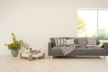 White living room with sofa. Scandinavian interior design. 3D illustration