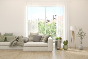 Contemporary classic white interior with furniture and decor and summer landscape in window. Scandinavian interior design. 3D illustration