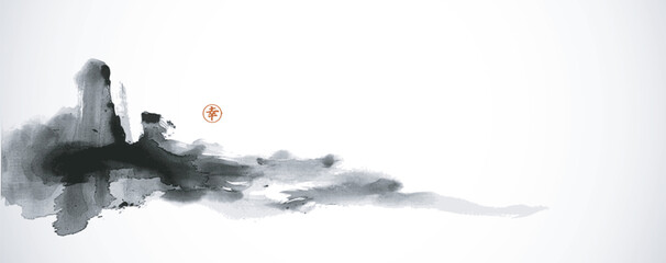 Ink wash painting of a misty mountain landscape, minimalistic and serene. Traditional oriental ink painting sumi-e, u-sin, go-hua. Hieroglyph - happiness.