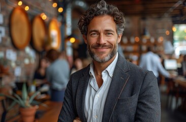 A man in a suit with crossed arms and a smile, happy at a formal event